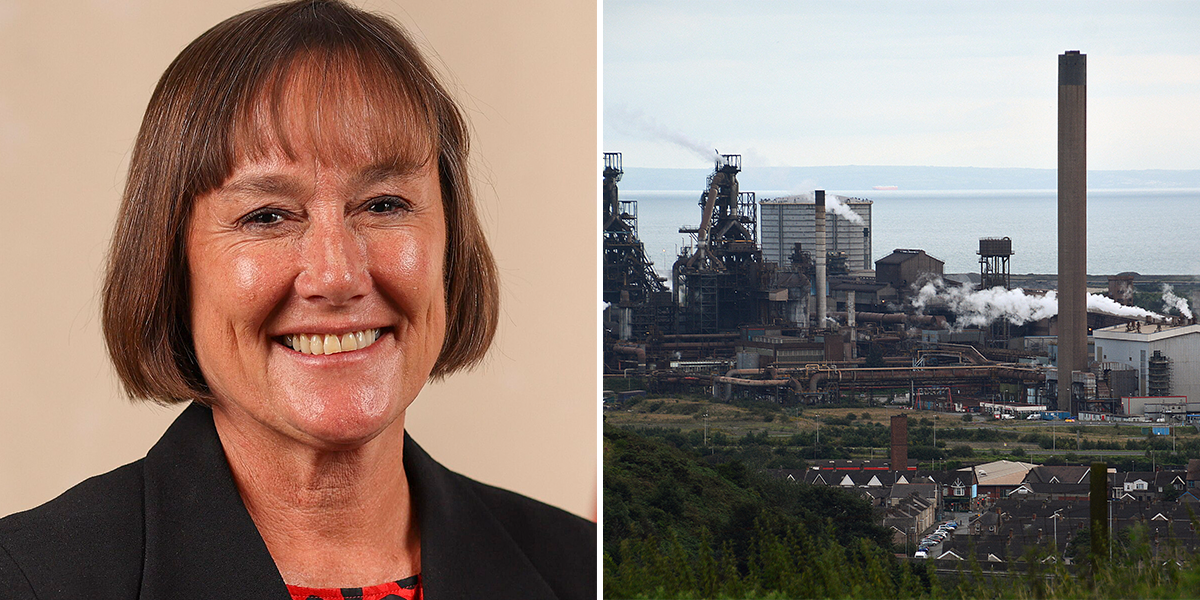 Chwith: Llun o Ysgrifennydd Cymru, Jo Stevens. Dde: Gwaith dur Tata Steel ym Mhort Talbot