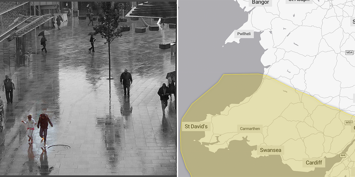 Caerdydd yn y glaw / map o rybudd melyn am law i dde a chanolbarth Cymru