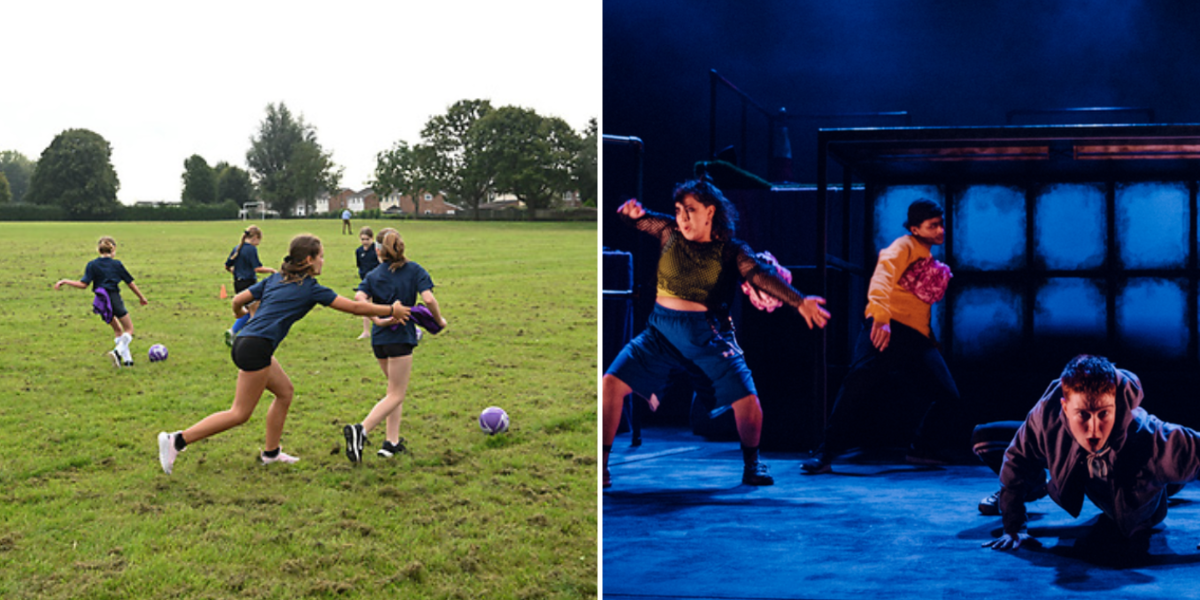 Plant yn chwarae pel-droed / theatr