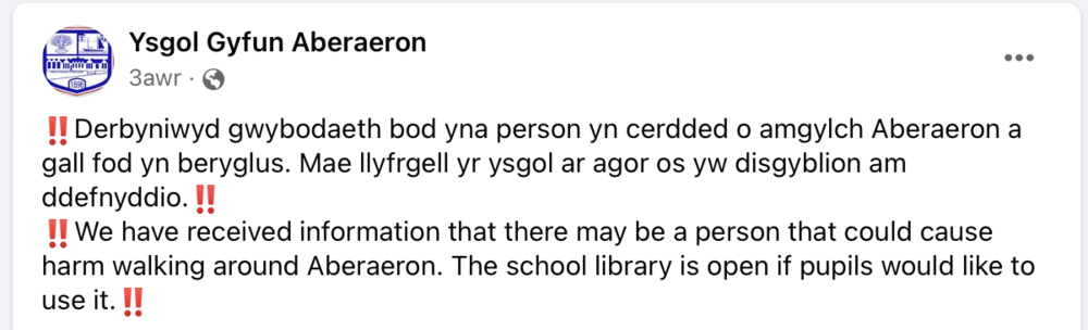 Post Facebook Ysgol Aberaeron