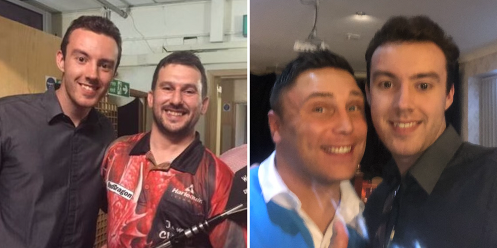 Huw Ware gyda Jonny Clayton (chwith) a Gerwyn Price (dde)