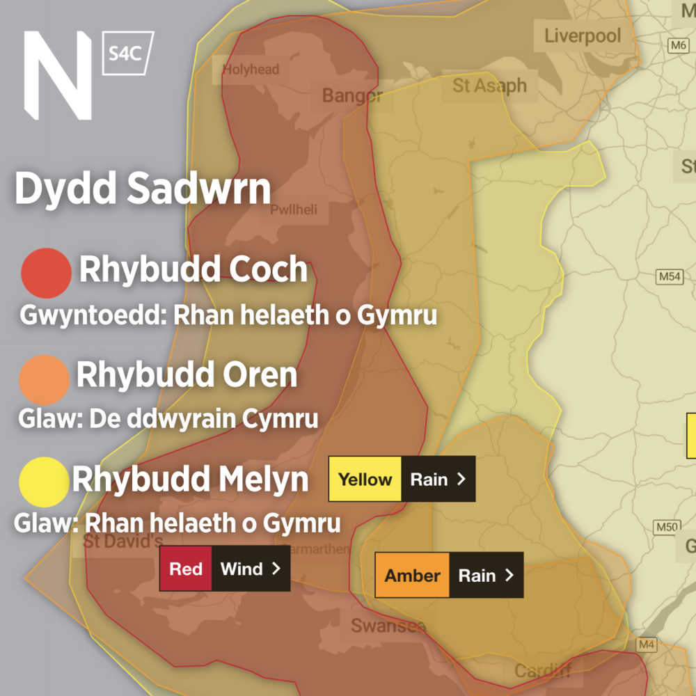 Rhybuddion tywydd ddydd Sadwrn